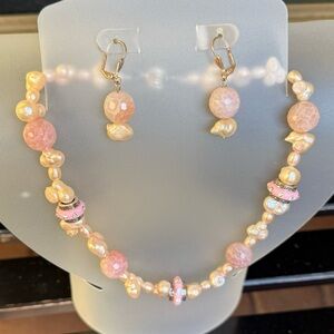 Elegant Faceted Rose Quartz 3 Pc Pearl and Brighton Rondelles 16in Necklace NWT
